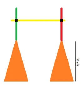 2x kužel s dírkou nahoře v. 50cm, 2x tyčka 1,6m, 1x tyčka 1m, 2x sponka → 1x PŘEKÁŽKA