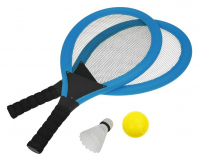 Set na plážové hry tenis/badminton 2xraketa, soft miček, badm. Košík, modrá, zelená
