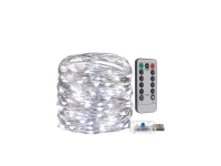 LEDSolar 300 Vánoční řetěz 30m USB s háčky, 300 LED, dálkové ovládání, studená bílá