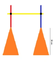 2x kužel s dírkou nahoře v. 38cm, 2x tyčka 1,6m, 1x tyčka 1m, 2x sponka → 1x PŘEKÁŽKA